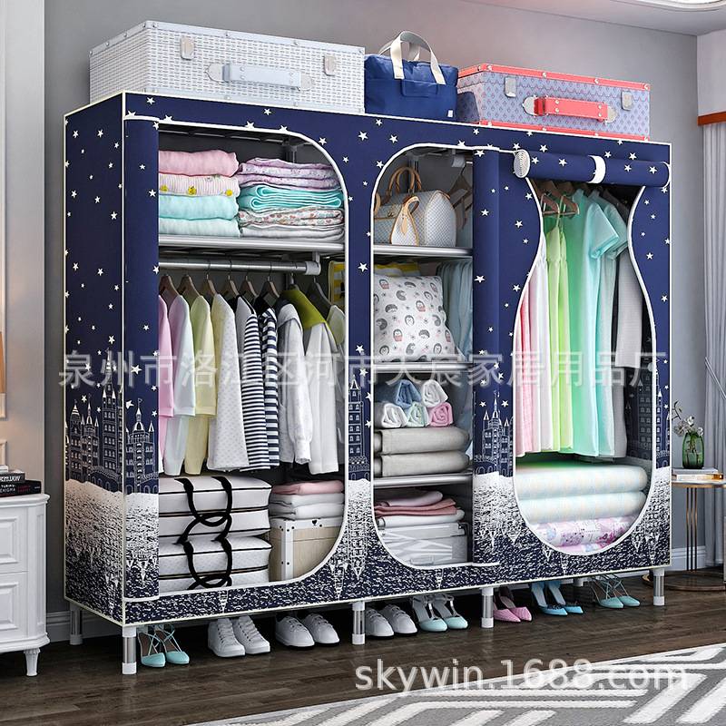 25MM钢架隔层大号全封闭拉链简易布衣柜加粗加厚双人出租房用衣橱