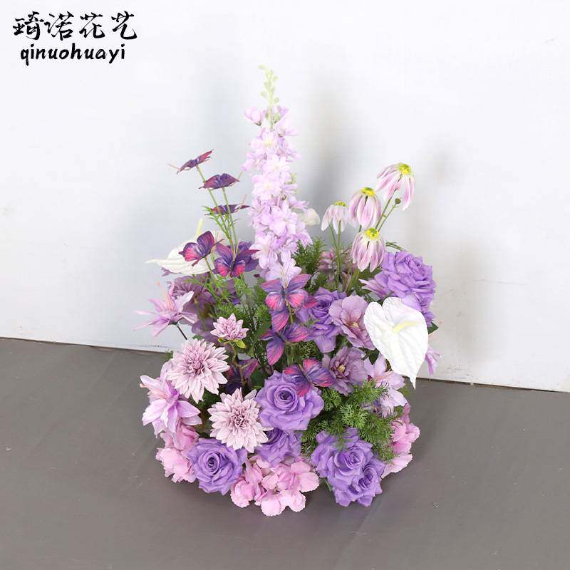 婚礼装饰紫色壁挂花艺KT板墙面摄影背景布置仿真绢花挂花地排花