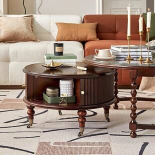 型美式 复圆形实木茶几小组古合OSQ客厅家用房间户黑色古风茶桌