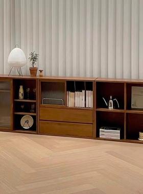 实木组合书柜推拉门型收纳柜中古色电视柜FHV日式小户落边地柜客