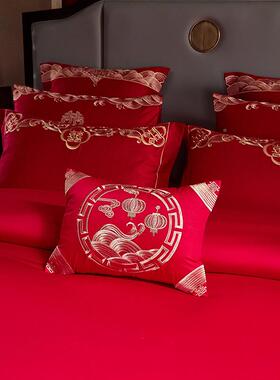 结四DW-91005件套全棉床红单被罩婚中式长绒棉陪嫁喜被套件婚庆色