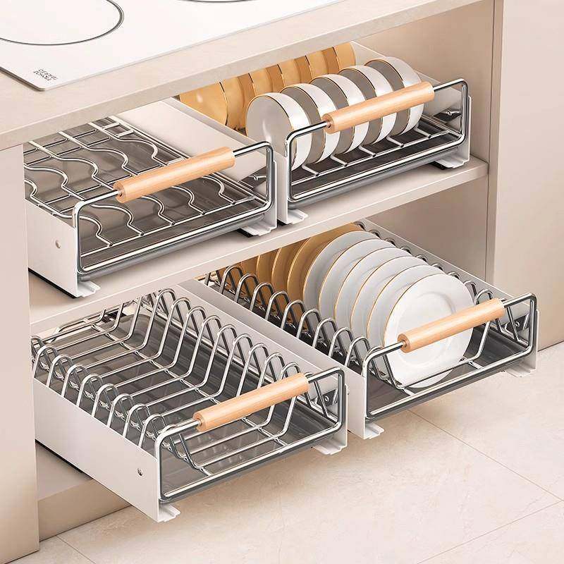 厨房碗收盘纳架碟拉篮抽屉式内置物架橱牌：qita柜沥水碗抽拉碗篮