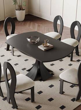 I1黑色岩餐桌可伸缩现户简约家用小型法式板复古代IEQ风圆形实木