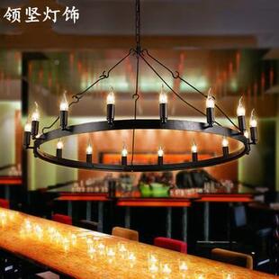 式乡复古村业Loft餐厅1LJ-37712头圆桌圆环蜡烛吊工灯美武士铁艺