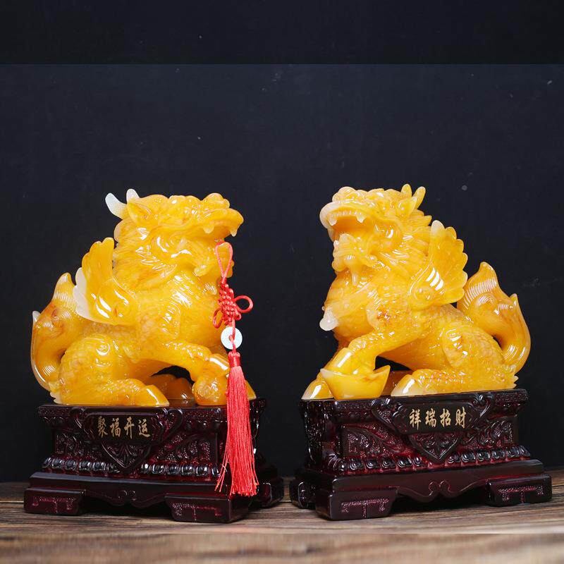 款上市K71216树脂仿蜜蜡家招财麒摆件一对中麟式居老板办公新桌摆