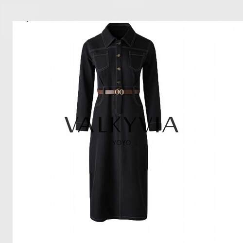 【Valkyvia/悠悠奢品】POLO领单排扣高腰中长款长袖连衣裙YT-X777