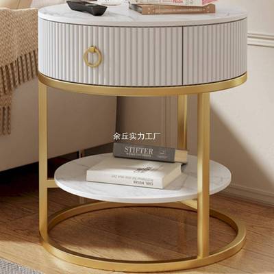 奶油风圆形茶几客厅屉家用沙室发岩板边几卧SFH-520小带抽床头柜