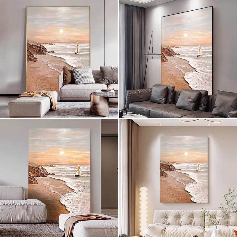 大芬村手绘油画厅沙背景装饰画海日出肌理北欧花卉画床上头挂发客