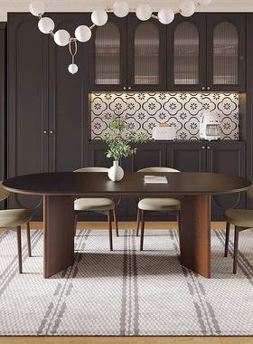 法桌小户型餐桌家用TUR组合实木白式复古餐饭桌椭圆形洞石岩蜡板