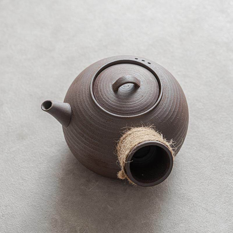 泥手工粗陶侧把壶老岩套绑绳煮茶壶仿古原风粗陶煮茶矿陶土温茶装