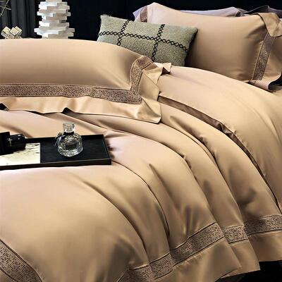 酒店4轻奢风1ENZ0支绒套棉镂空四件纯棉贡缎纯色被套长床单全棉床