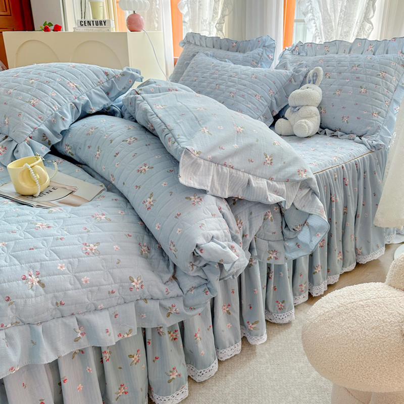 田园风夹棉加厚两用被套单件小碎A花双人家用荷叶花边加棉被罩四