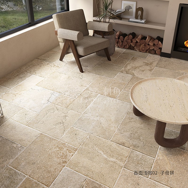 彷进口莱姆石咖啡米白洞石古堡瓷砖彷古地砖子母拼客Z饭厅化妆室