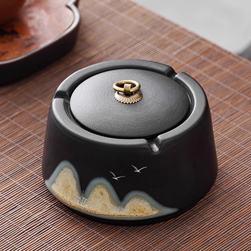烟灰缸带盖陶瓷创意个性时尚办公室D防飞灰大小号客厅家用欧式潮