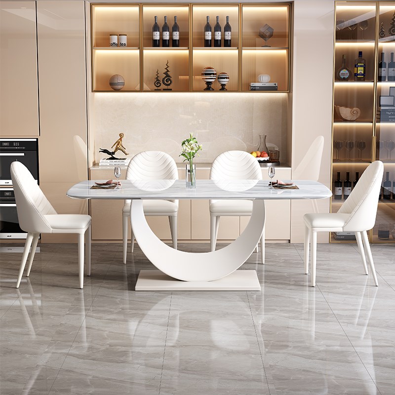 奶油风岩板c餐桌长方形家用吃饭桌简约现代轻奢桌椅组合客厅西餐