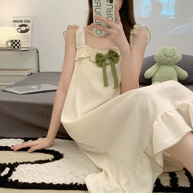 带胸垫女生可爱清新纯棉中长款睡衣家居服薄款吊带睡裙夏季公主风
