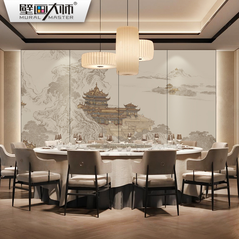 蓬莱仙境图壁纸新中式意境山w水墙纸电视客厅沙发背景墙布楼阁壁