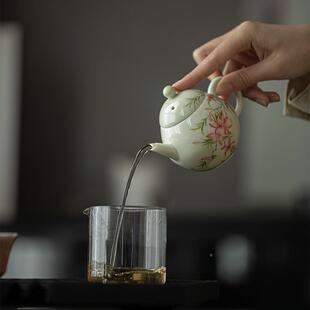 明知山志果青釉手绘凌霄花陶茶瓷壶家用茶mjtc具泡茶手执壶文人壶