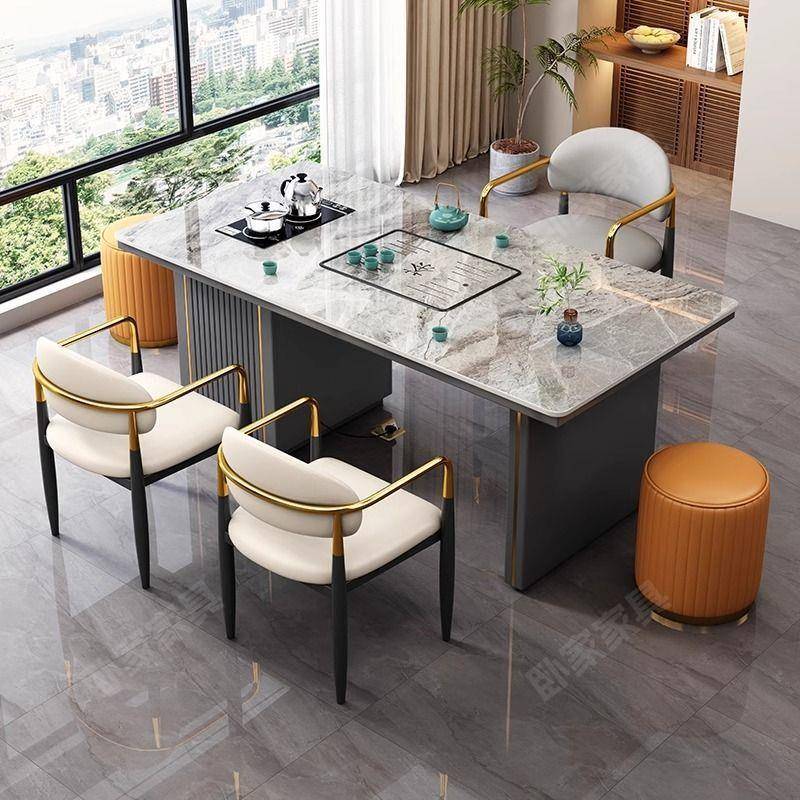 板茶一体岩一整套奢现代简MDP约家用办公多功能茶台椅轻泡茶阳桌
