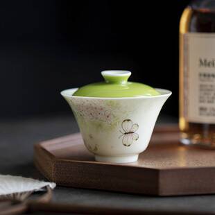 明知山志 翠缥花丛小蝶凡灵盖碗 手绘蝴蝶陶瓷盖碗文人器家用茶具