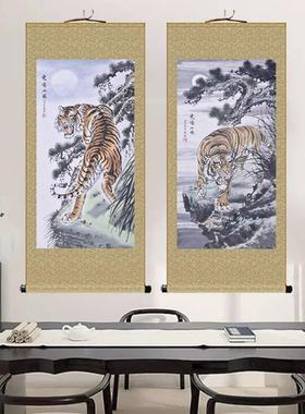 JY202112国画老虎画画画客厅办公室招财山虎挂丝绸卷上轴下山虎玄