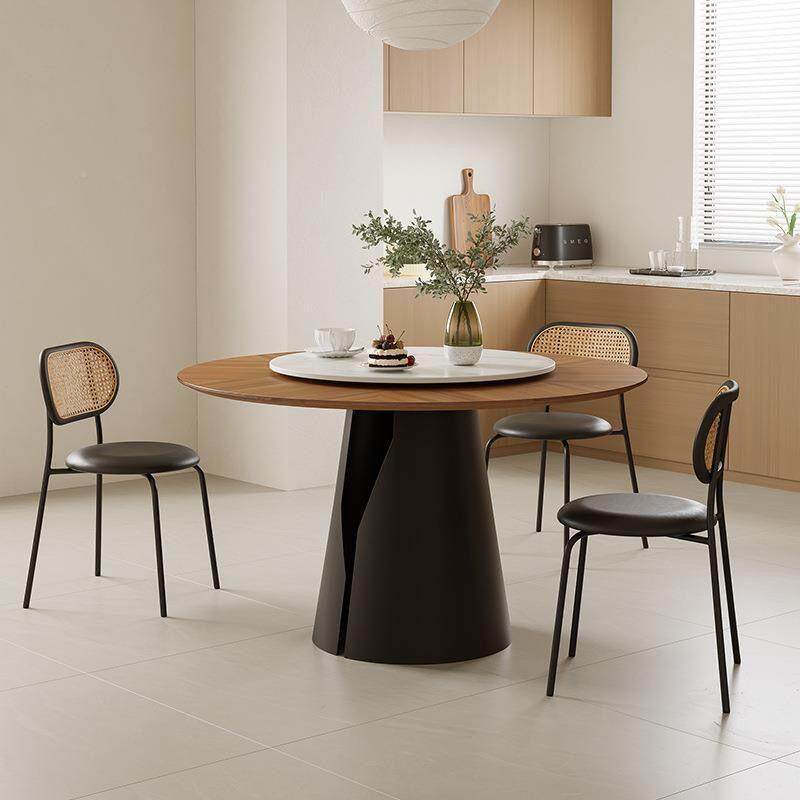 实木法式餐家用古风桌小户型复圆形饭桌组古圆桌胡桃木餐桌椅合