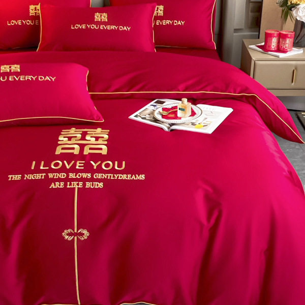 婚庆四件套大红喜被套刺绣龙凤新结婚房嫁礼床笠单床上用品4