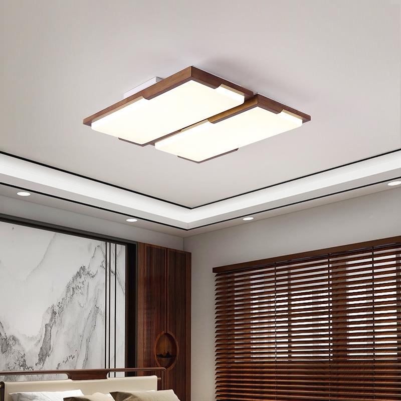 新室中式吸顶灯胡桃色长方形客厅灯简约现实木代大气木卧灯具8351