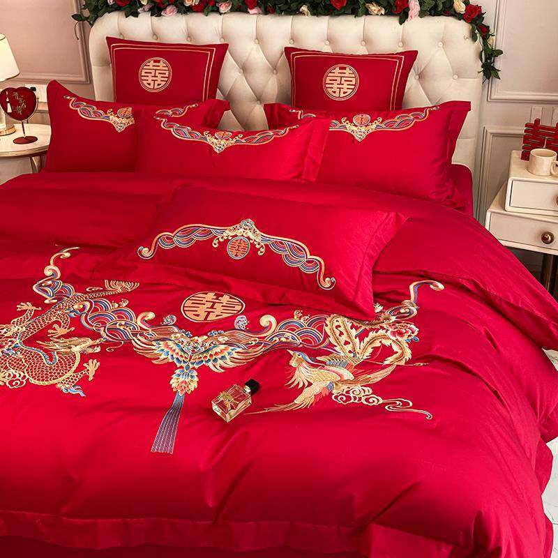 中式龙凤140支纯棉婚庆四件套大红喜被结床新上用品F5S956床婚婚
