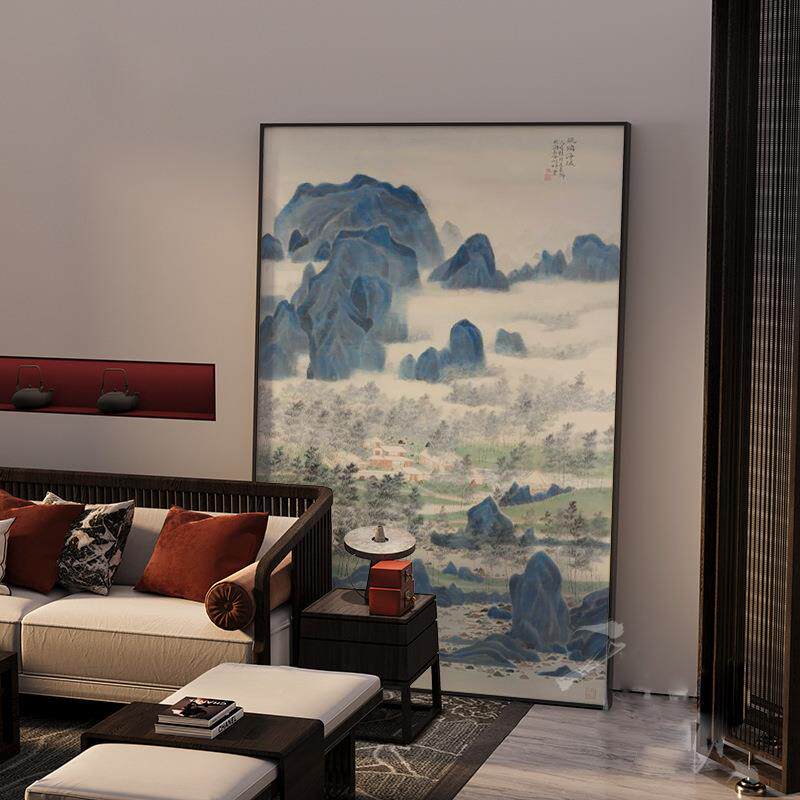 新中式蓝色山水景画卧蓝色山水室书房茶室古典客厅装画风饰玄关壁
