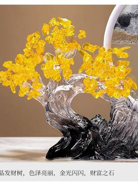 新中式fcslsbj入门玄关发财树沙画摆件流轻奢高办档公室客厅电装