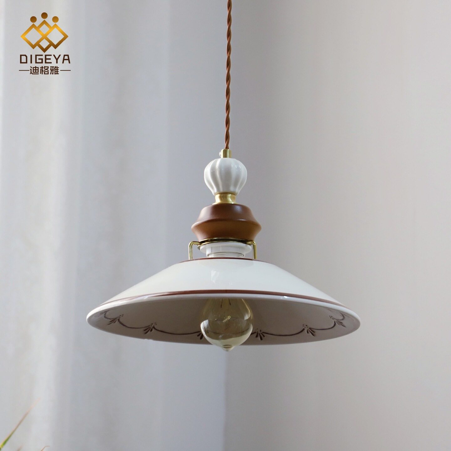 迪格雅中古风三孔手绘陶瓷吊灯法式复古奶油风餐厅床头吧台玄关灯