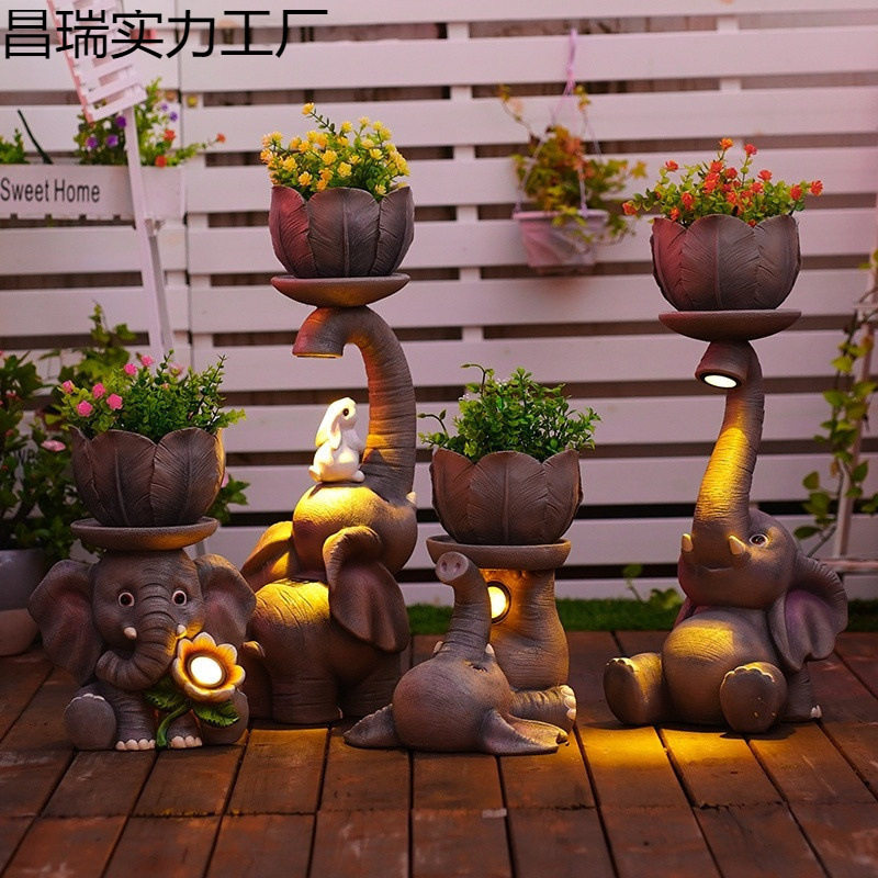 庭院大象花盆摆件花园阳台太阳能灯景观装饰户外小院园艺布置造景
