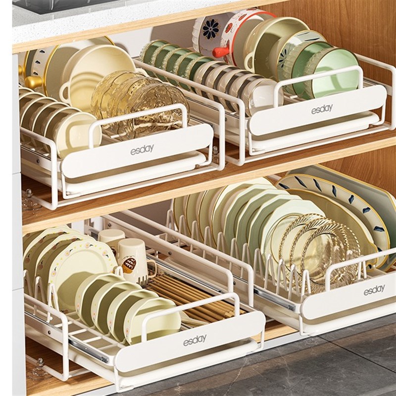 橱柜抽拉式碗碟置物架厨房带轨道抽屉碗盘收纳架易时.代碗碟拉篮