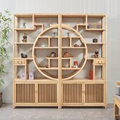 白蜡木圆形博古架新中式 茶叶展示架多宝格隔断带灯层架实木置物架