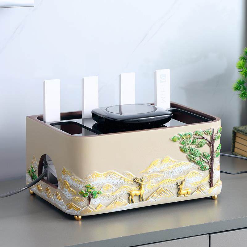 新中式路由器防尘收纳盒光猫放置盒客厅电视柜桌面电源线收纳神器