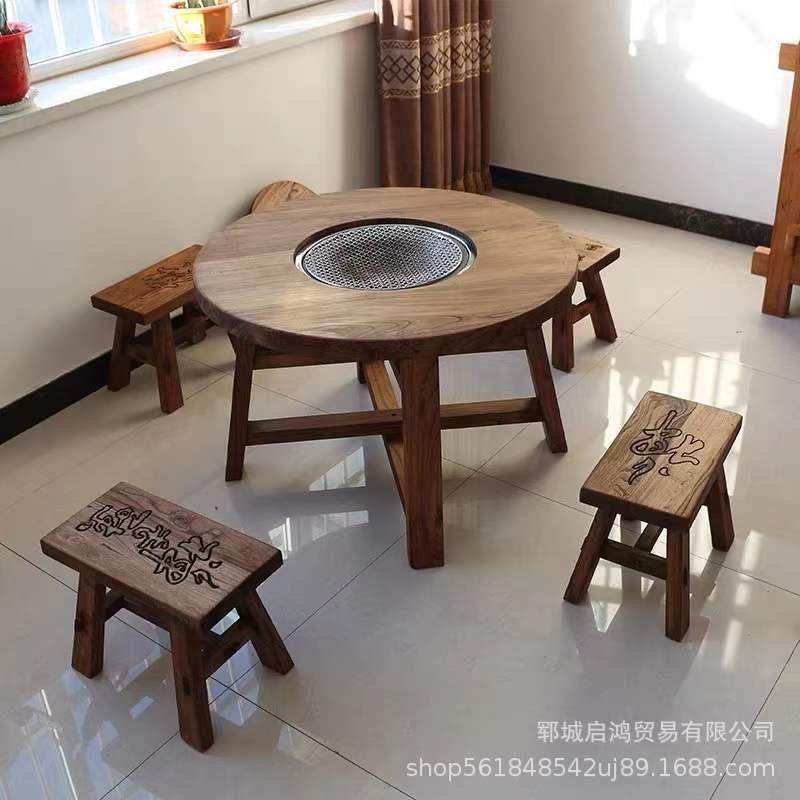 煮老榆木BTS门板茶桌茶几实木圆桌茶矮烧烤台桌围茶炉烤肉中桌式