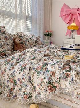A6L.法式复古蕾丝花田园风小碎花上四件套边纯棉被床套F6TJT9515m