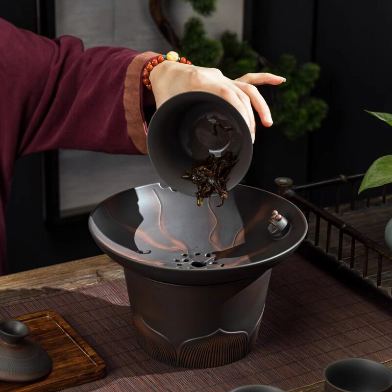 紫陶茶渣缸陶瓷过滤茶渣桶单个带盖式创意复古风特色茶洗茶盅水孟