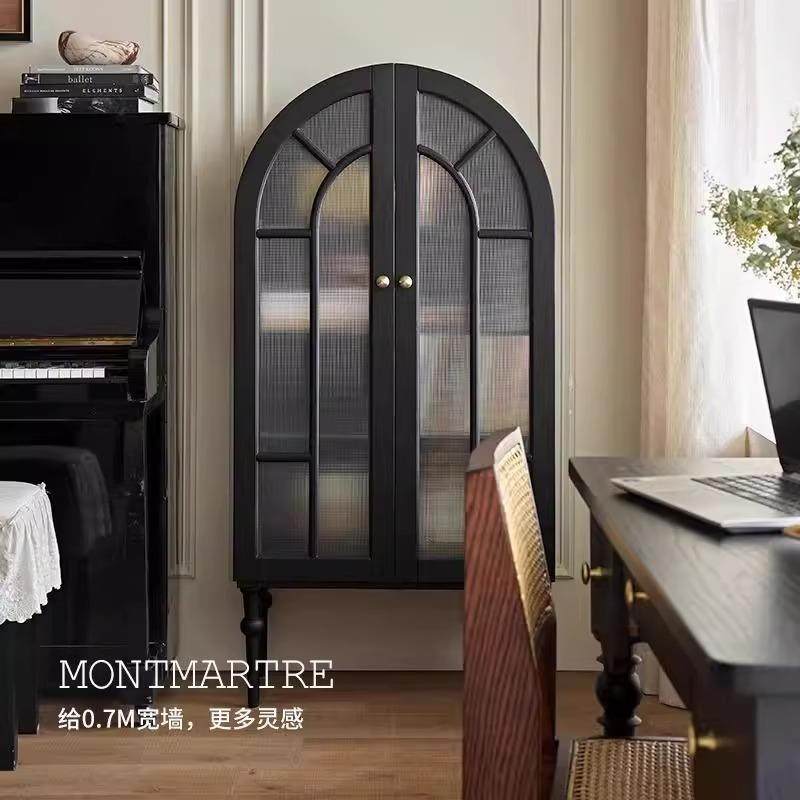 法式复古实木弧边柜客厅双门收璃纳柜子黑色储物柜靠墙玻形蒙马特