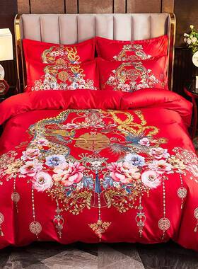 Qhsd6k6H中式婚庆件套四上陪结嫁喜被红色刺绣婚房婚礼喜被套床单