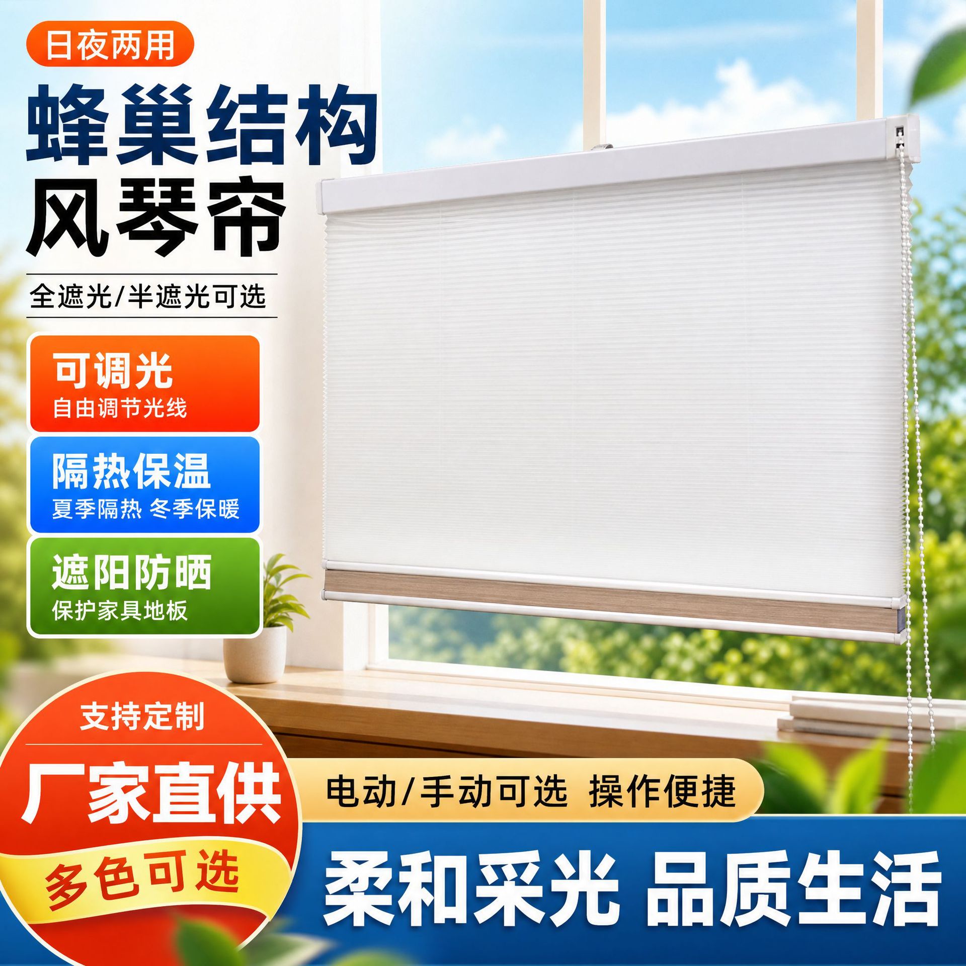 电动手动蜂巢帘可调光双层风琴帘全遮光半遮光窗帘百叶窗现代简约