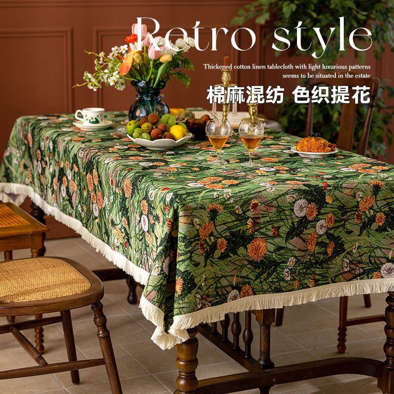 品油画风美式复古桌布蒲英餐桌蒲公英桌公提花流苏氛围感装台饰布