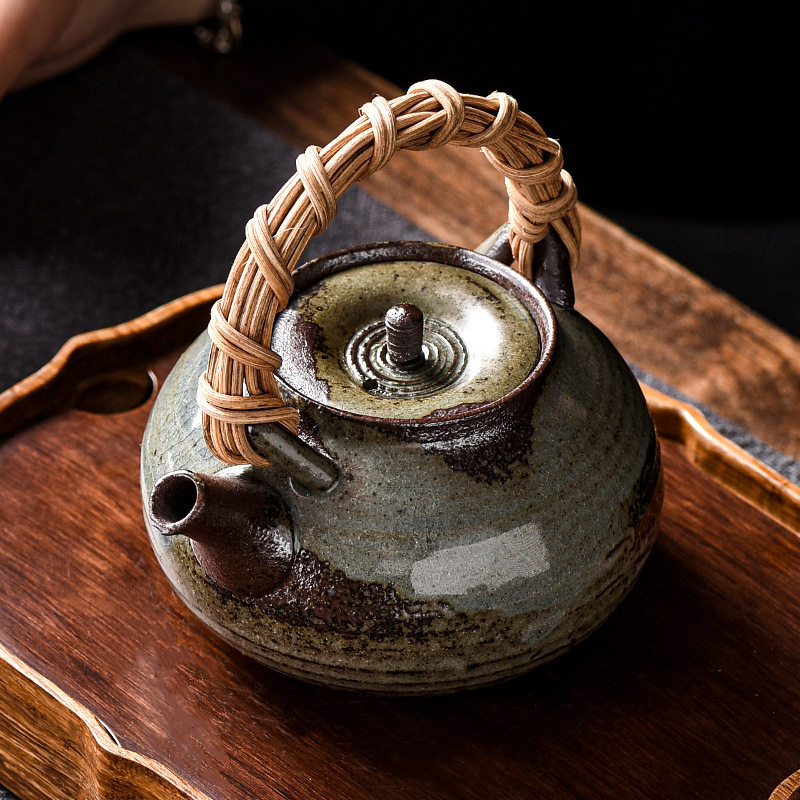 柴烧藤编提梁壶复古泡茶壶家用大号功夫日式粗陶煮茶壶单壶泡茶器