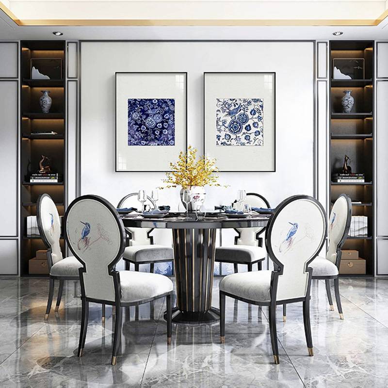 青花墨海新中式客厅三联装饰画蓝色青花瓷挂画中国风餐厅背景壁画图片