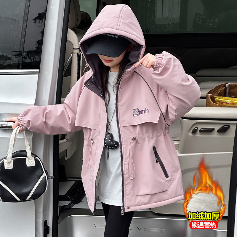 女童秋冬加绒派克服2025新款女孩中长款连帽收腰外套加厚风衣洋气