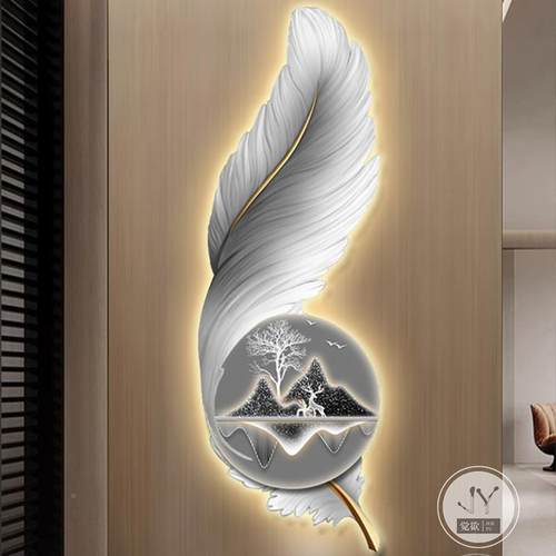 代轻奢玄装壁饰画竖版现L关ED灯画ZR721886高档羽毛入户门走廊过