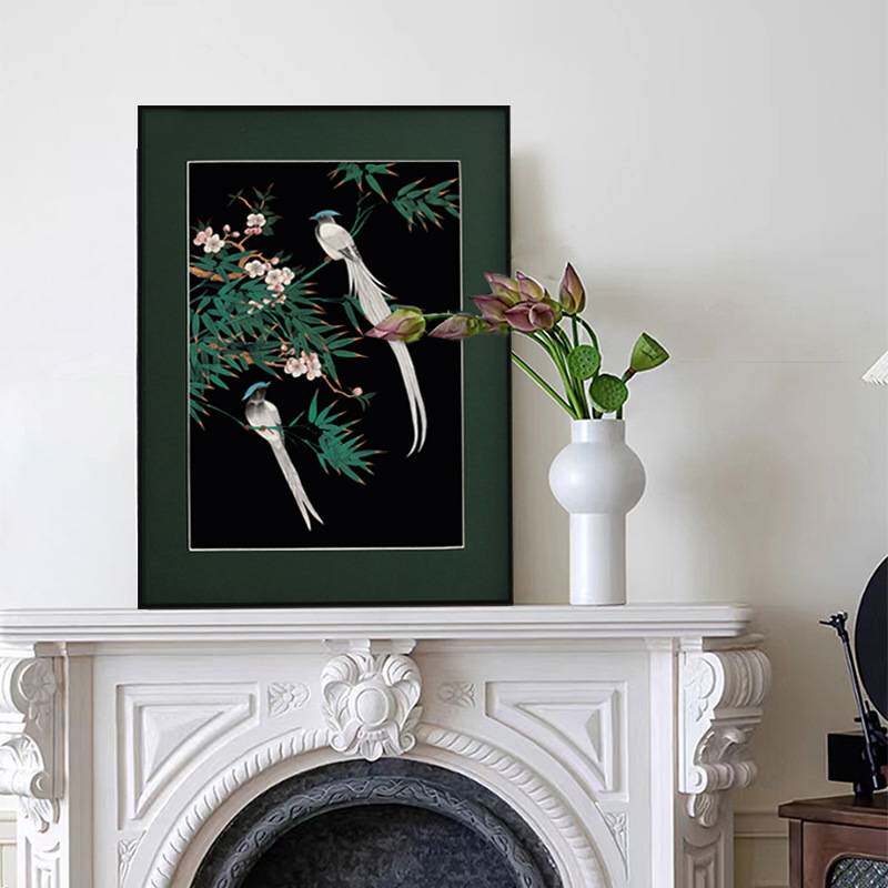 绶带鸟国风花鸟装饰画新中式挂画法式中古风客厅墙上卧室床头壁画