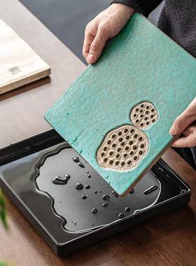 莲蓬粗陶泡台雀干绿方形茶盘家陶瓷简约小型茶孔79252台储用水茶