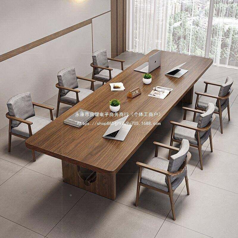 美式实木会议桌桌条桌简无品牌/约长大板办公桌组条合形洽谈桌子